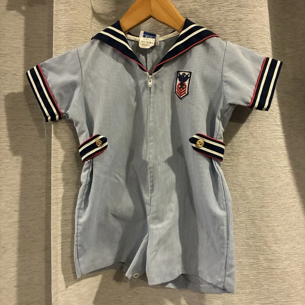 VTG Sailor Toddler 24 Mo Outfit Nautical One Piece Romper Kidcore Military Navy‎